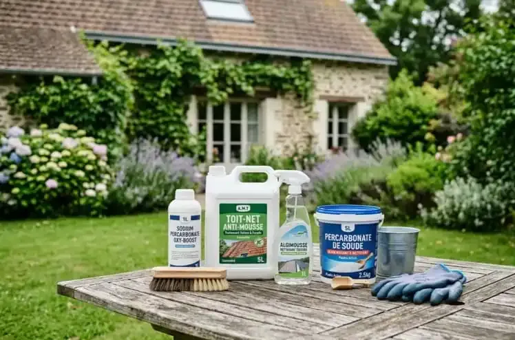 plusieurs produits pour nettoyer des toitures posés sur une table en bois dans un jardin