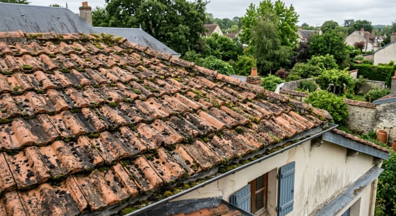 Toiture en tuiles terre cuite encrassée avec mousse et salissures